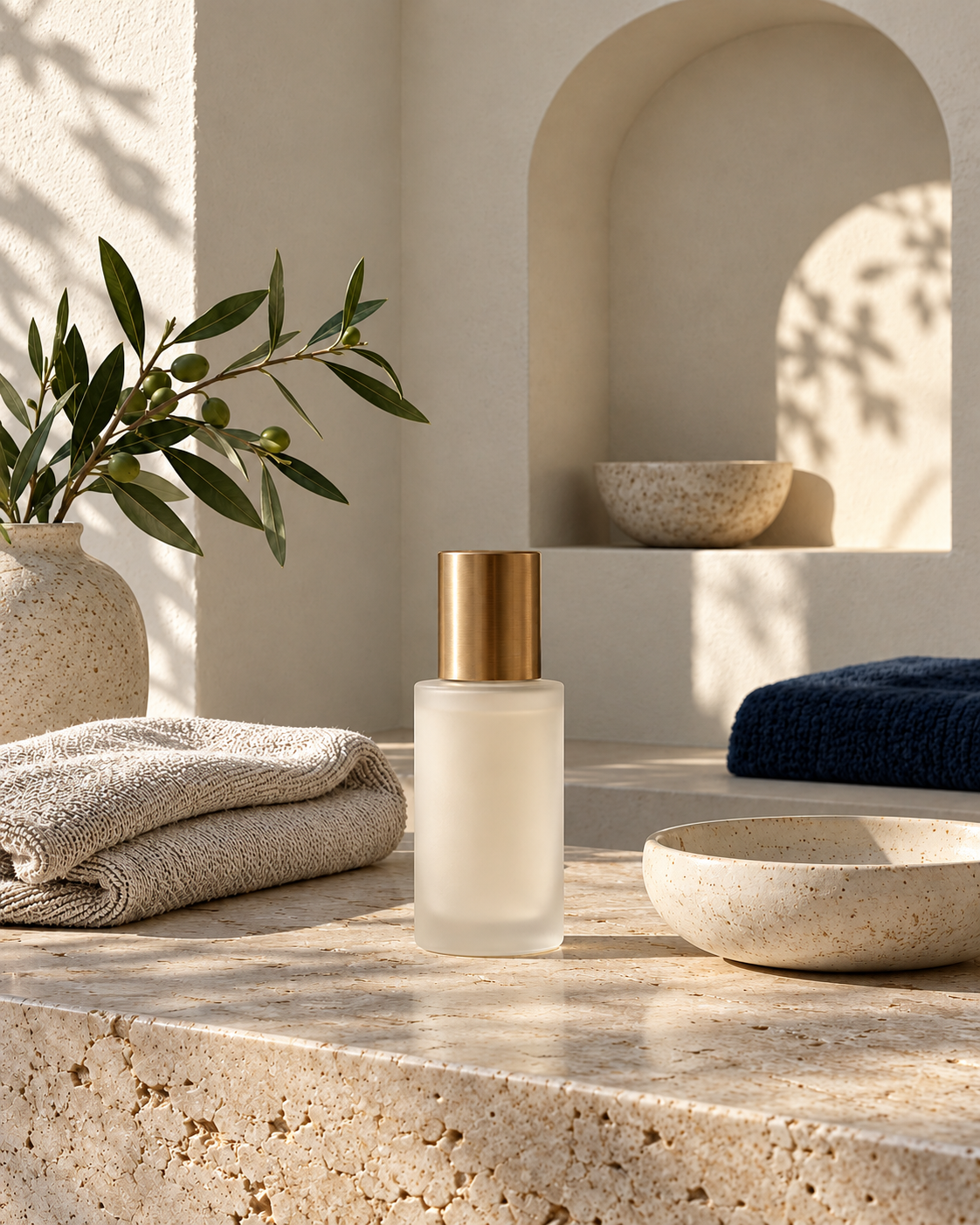 Unbranded skincare bottle, folded linen and an olive branch on natural stone